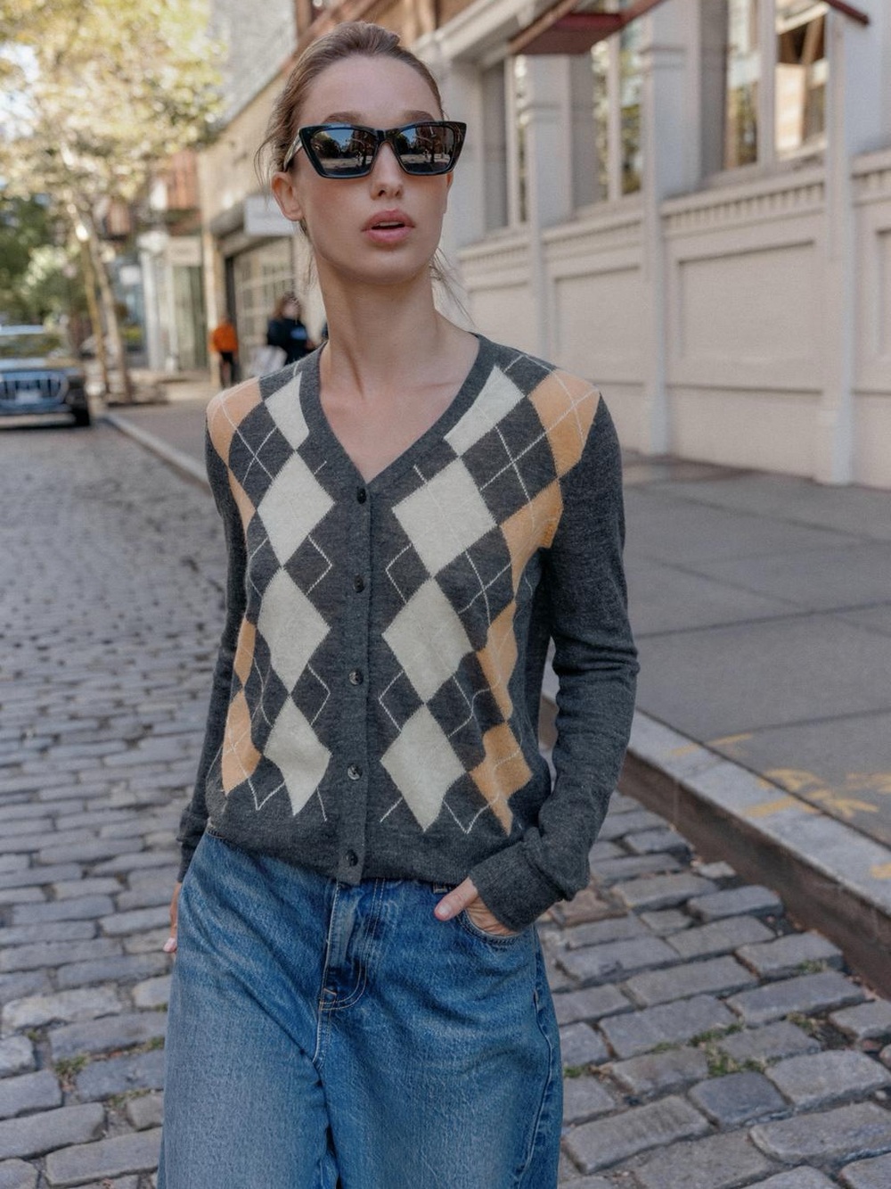 Zara Argyle Knit Cardigan Wool Alpaca Gray Preppy S NWT
